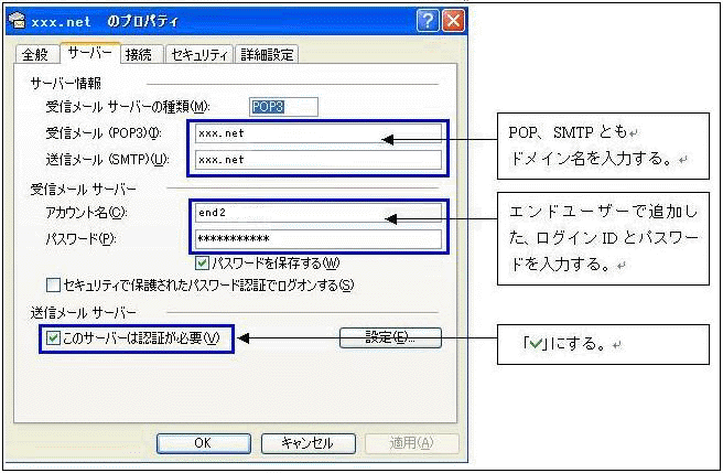 ARCHITECTドメイン上で作成したメールアカウント設定